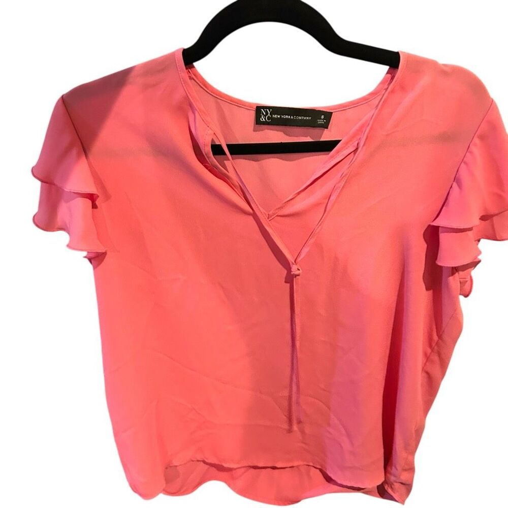 Everyday Pink Blouse - Semi Sheer Tie Neck -‎ New York and Company - Size Small